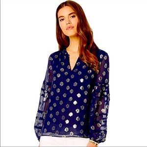 LILLY PULITZER GIANA SILK TOP TRUE NAVY SEAGRASS METALLIC CLIP CHIFFON